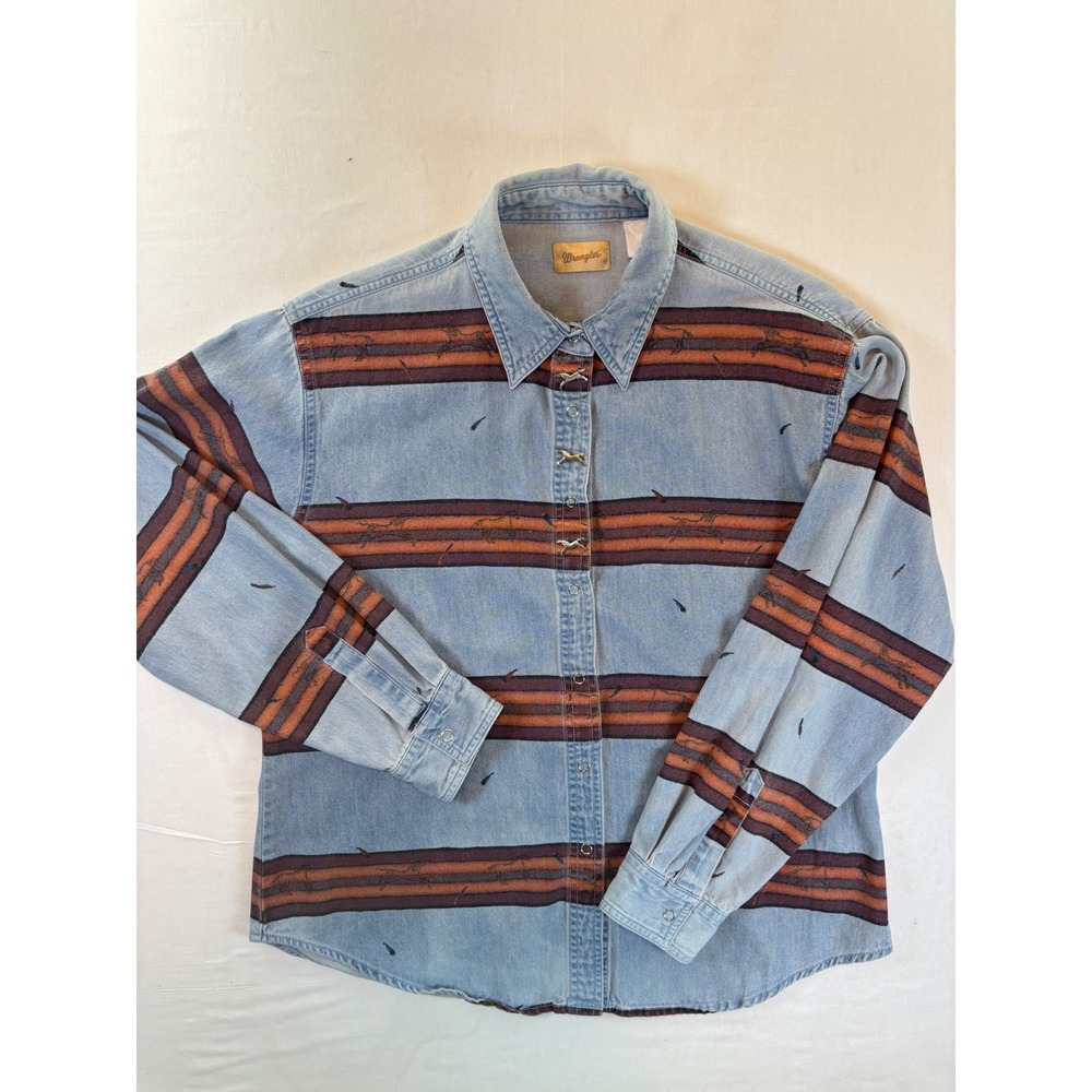Wrangler Western Denim Shirt Blue Southwestern Stripe Horse Snaps Mens XL